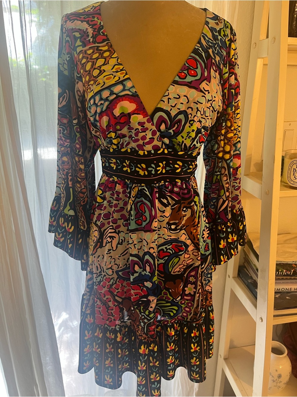 Multicolor Floral V-Neck Long Sleeve Dress with Contrast Waistband